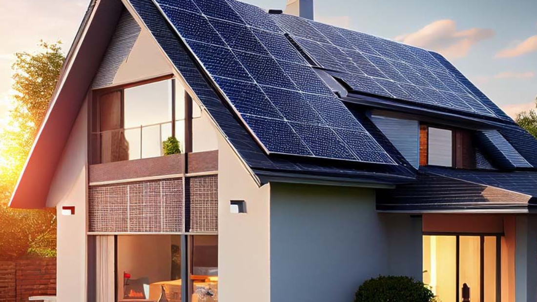 House with solar panels on the roof, ideal for sustainable energies backgrounds, generative AI