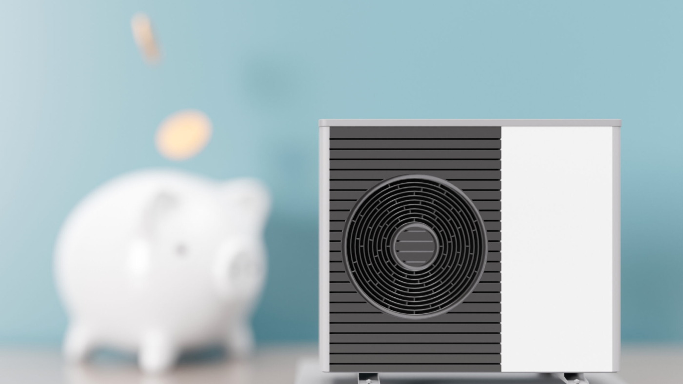 Air heat pump and piggy bank on blue background. Modern, environmentally friendly heating. Save your money with air source heat pump. Free, copy space for your text, advertising. 3d render